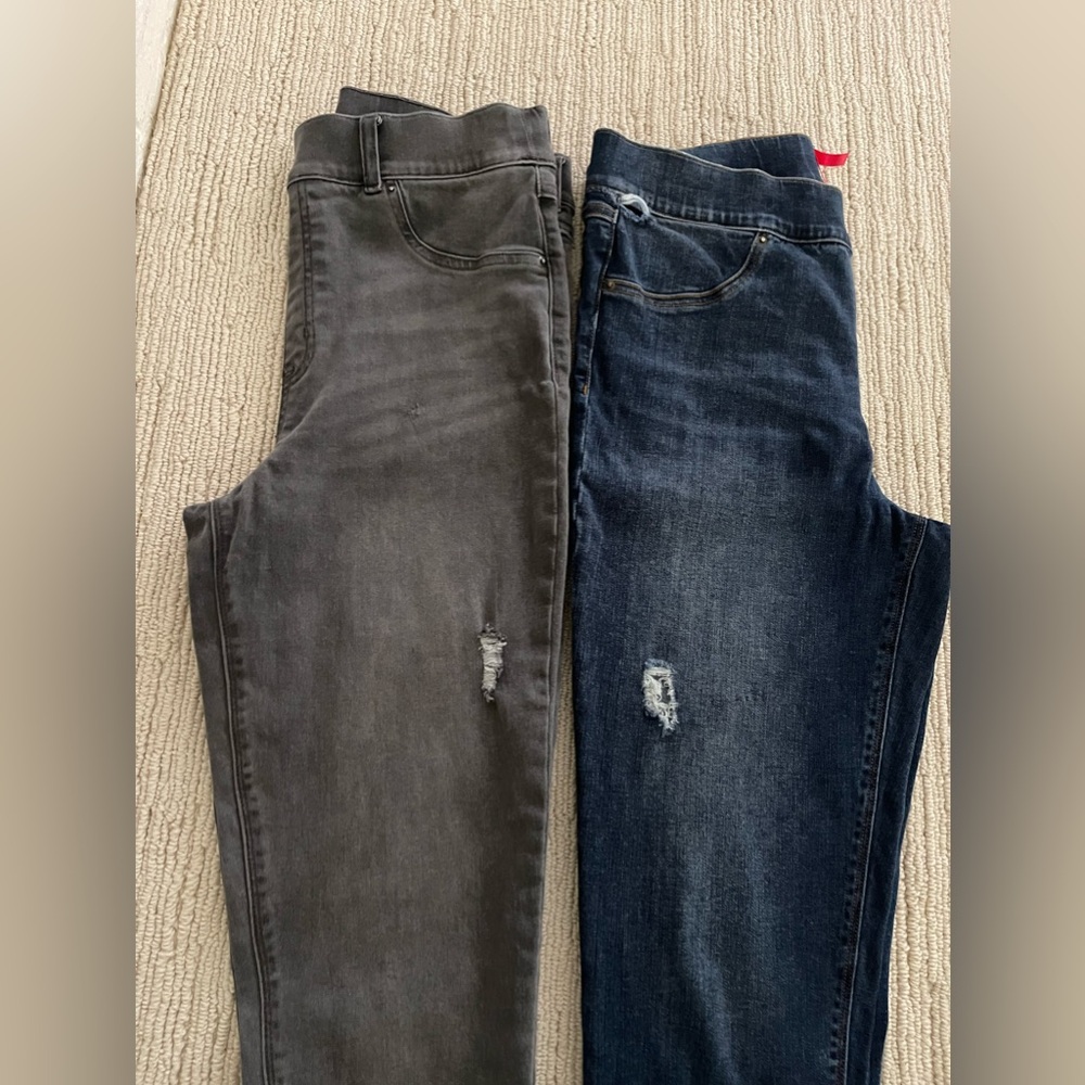 2 Pair Spanx W’s distressed pull-on denim jeans. High rise/shaping tummy panel.